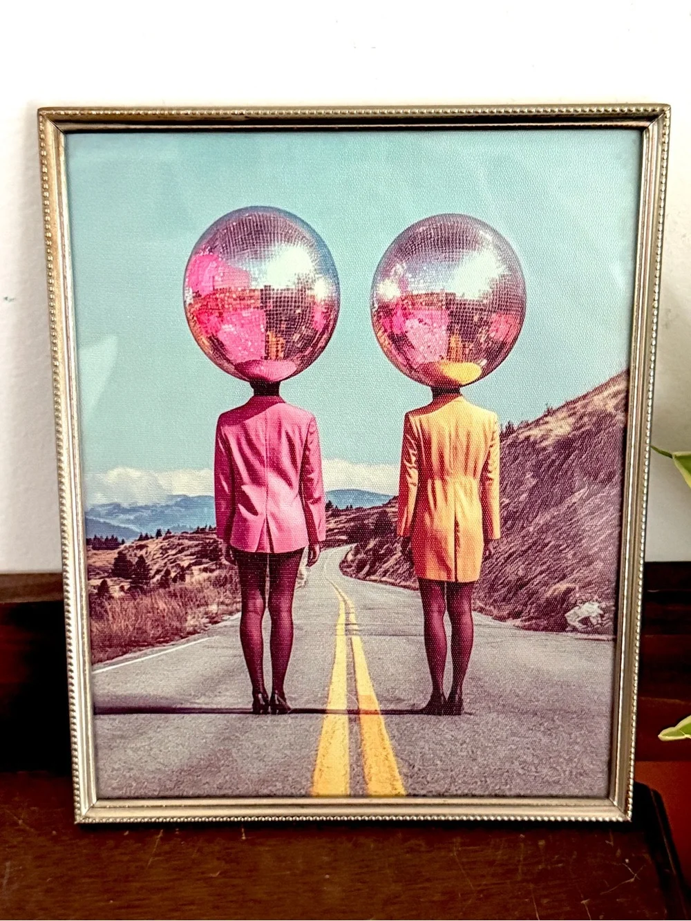 Vintage Surrealist Disco Ball Head Art 8x10 Gold Frame Eclectic Dopamine Decor